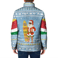 Seychelles Christmas Padded Jacket with Ocean Blue Pattern, Marlin Fish Artwork, and Surfing Santa Motif - Wonder Print Shop