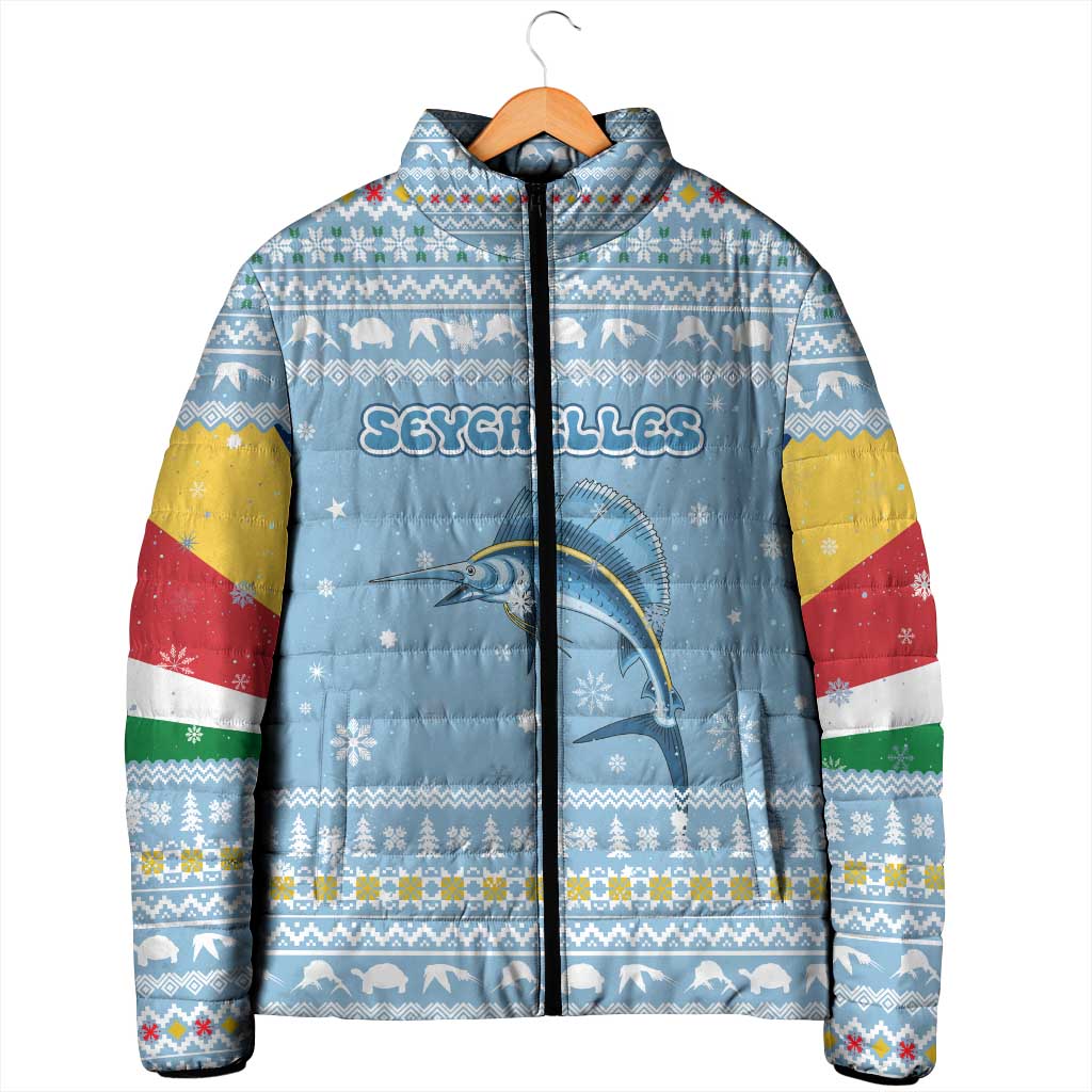 Seychelles Christmas Padded Jacket with Ocean Blue Pattern, Marlin Fish Artwork, and Surfing Santa Motif - Wonder Print Shop