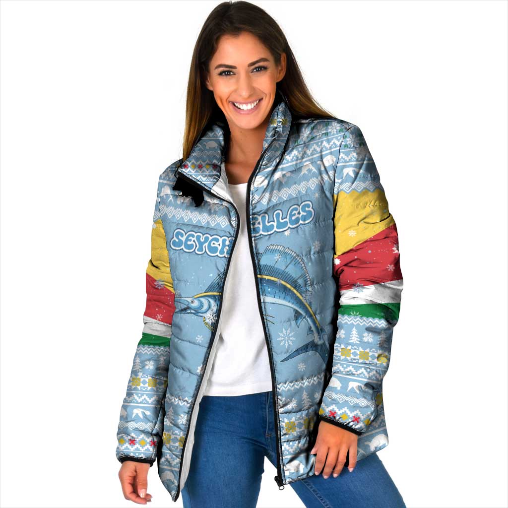 Seychelles Christmas Padded Jacket with Ocean Blue Pattern, Marlin Fish Artwork, and Surfing Santa Motif - Wonder Print Shop