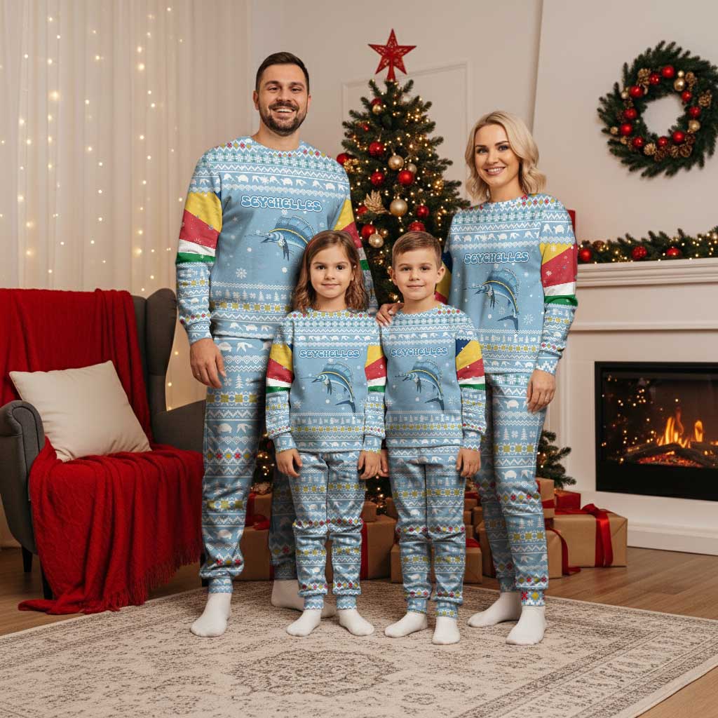 Seychelles Christmas Pajama Set with Ocean Blue Pattern, Marlin Fish Artwork, and Surfing Santa Motif - Wonder Print Shop