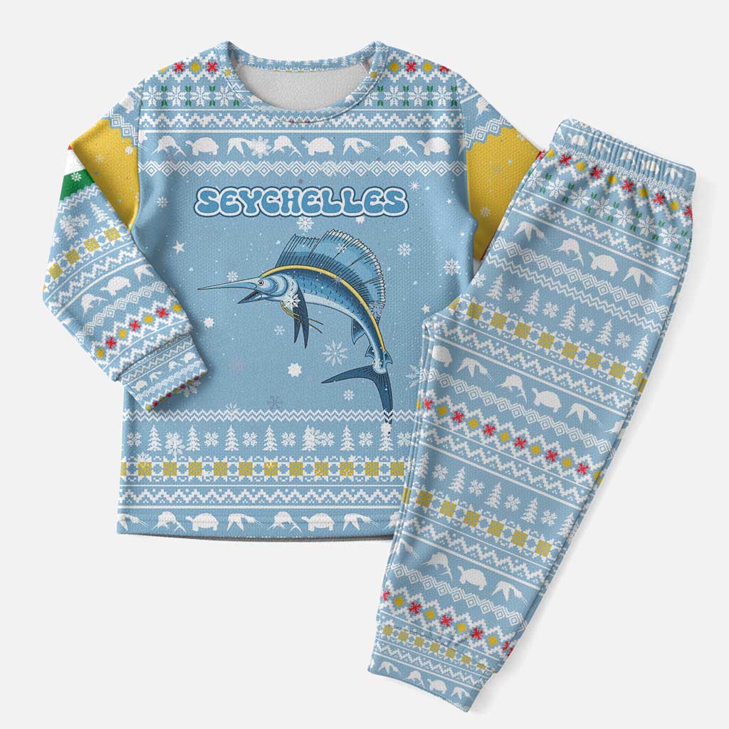 Seychelles Christmas Pajama Set with Ocean Blue Pattern, Marlin Fish Artwork, and Surfing Santa Motif - Wonder Print Shop