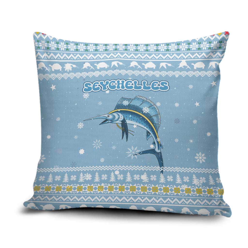 Seychelles Christmas Pillow Cover with Ocean Blue Pattern, Marlin Fish Artwork, and Surfing Santa Motif - Wonder Print Shop
