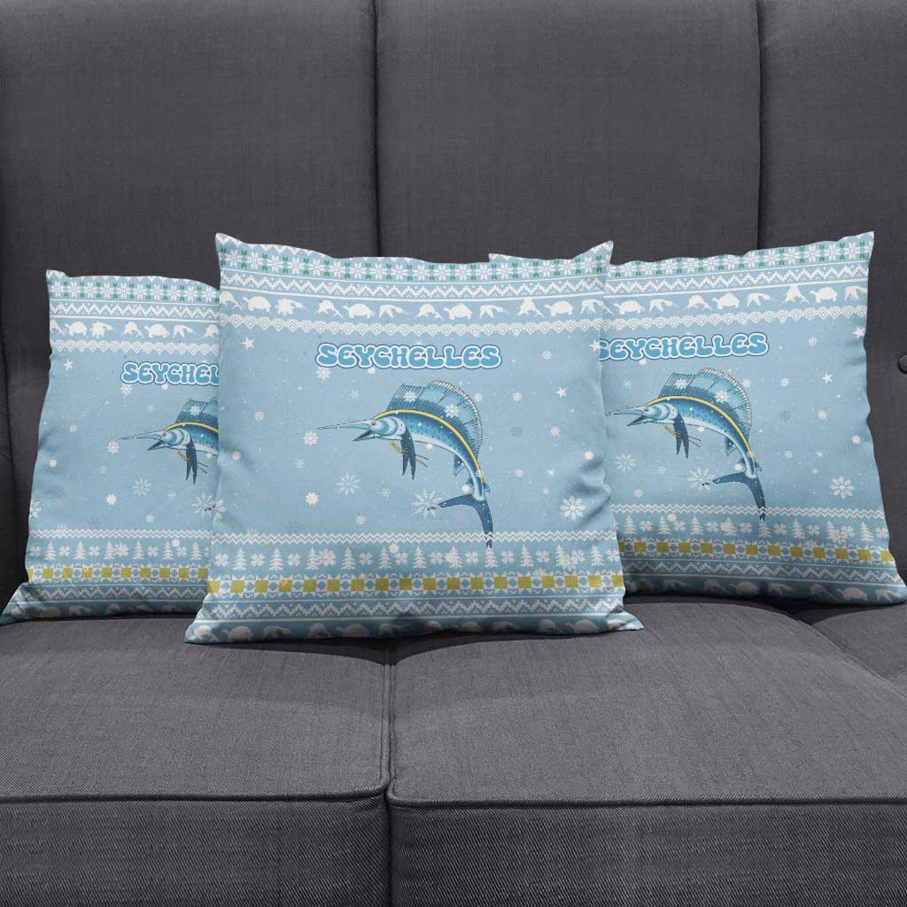 Seychelles Christmas Pillow Cover with Ocean Blue Pattern, Marlin Fish Artwork, and Surfing Santa Motif - Wonder Print Shop