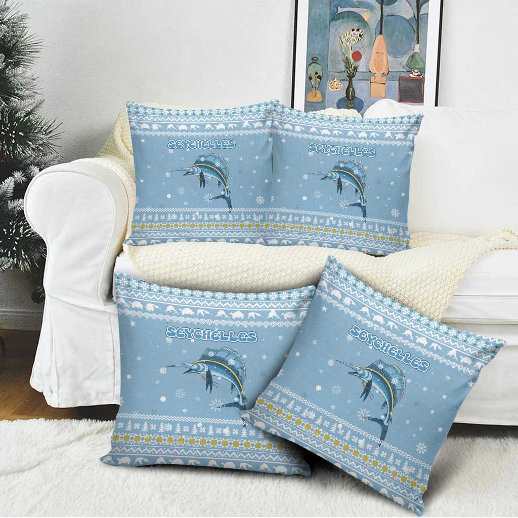 Seychelles Christmas Pillow Cover with Ocean Blue Pattern, Marlin Fish Artwork, and Surfing Santa Motif - Wonder Print Shop