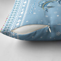 Seychelles Christmas Pillow Cover with Ocean Blue Pattern, Marlin Fish Artwork, and Surfing Santa Motif - Wonder Print Shop