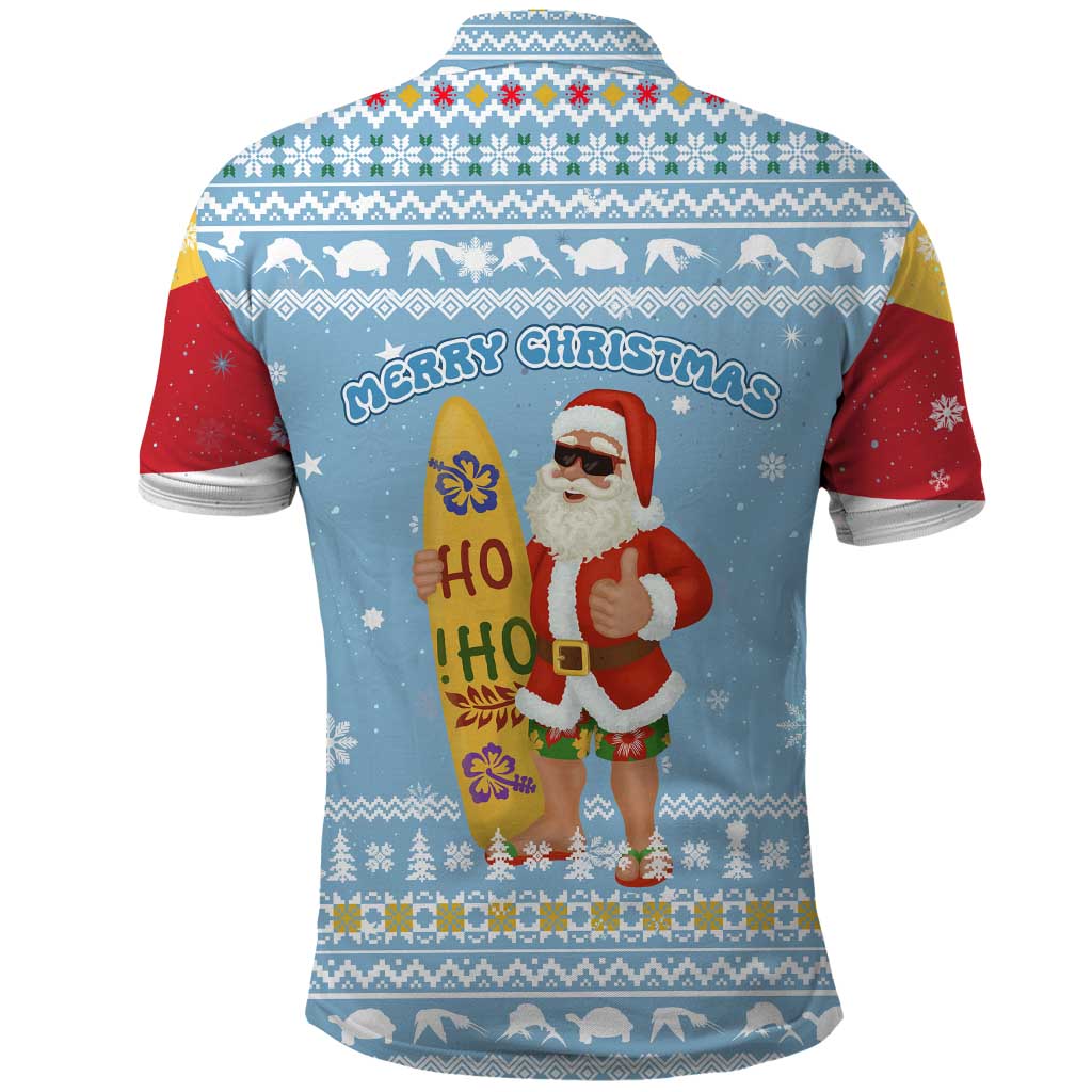 Seychelles Christmas Polo Shirt with Ocean Blue Pattern, Marlin Fish Artwork, and Surfing Santa Motif - Wonder Print Shop