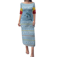 Seychelles Christmas Puletasi with Ocean Blue Pattern, Marlin Fish Artwork, and Surfing Santa Motif - Wonder Print Shop