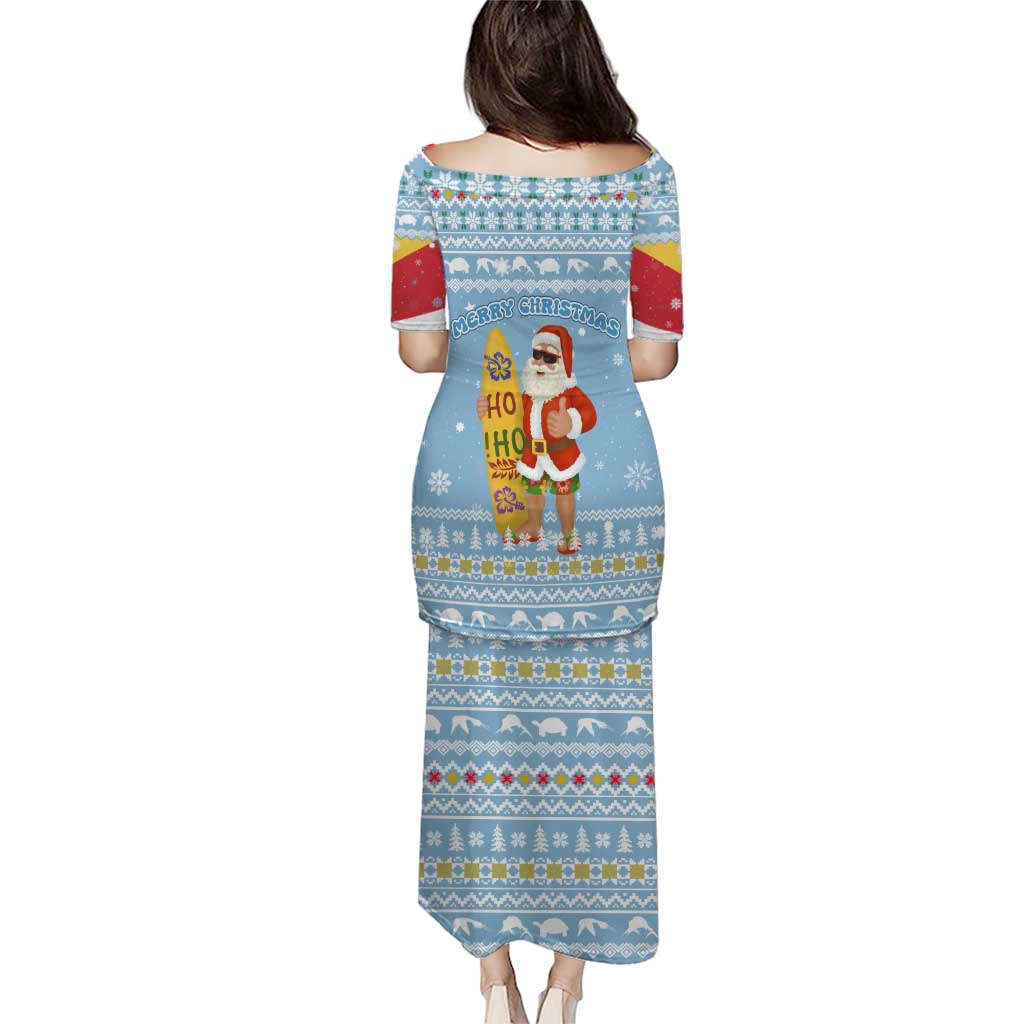 Seychelles Christmas Puletasi with Ocean Blue Pattern, Marlin Fish Artwork, and Surfing Santa Motif - Wonder Print Shop