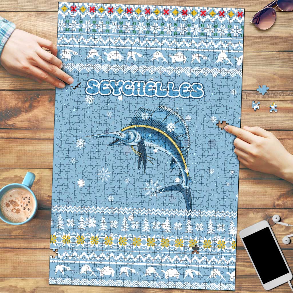 Seychelles Christmas Puzzle with Ocean Blue Pattern, Marlin Fish Artwork, and Surfing Santa Motif - Wonder Print Shop