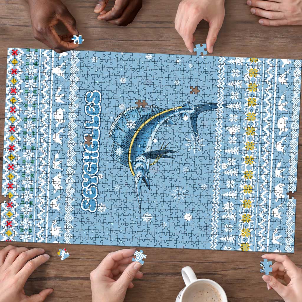 Seychelles Christmas Puzzle with Ocean Blue Pattern, Marlin Fish Artwork, and Surfing Santa Motif - Wonder Print Shop