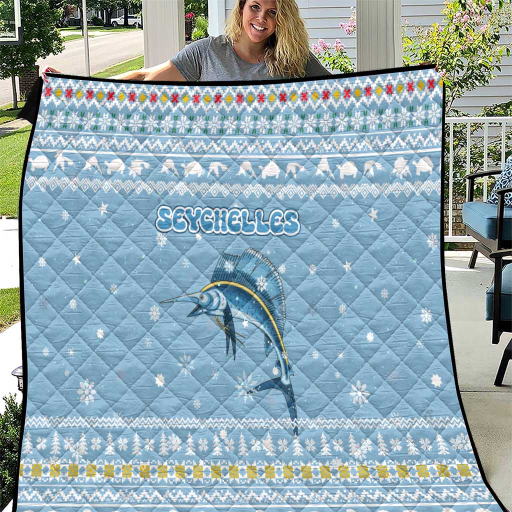 Seychelles Christmas Quilt with Ocean Blue Pattern, Marlin Fish Artwork, and Surfing Santa Motif - Wonder Print Shop