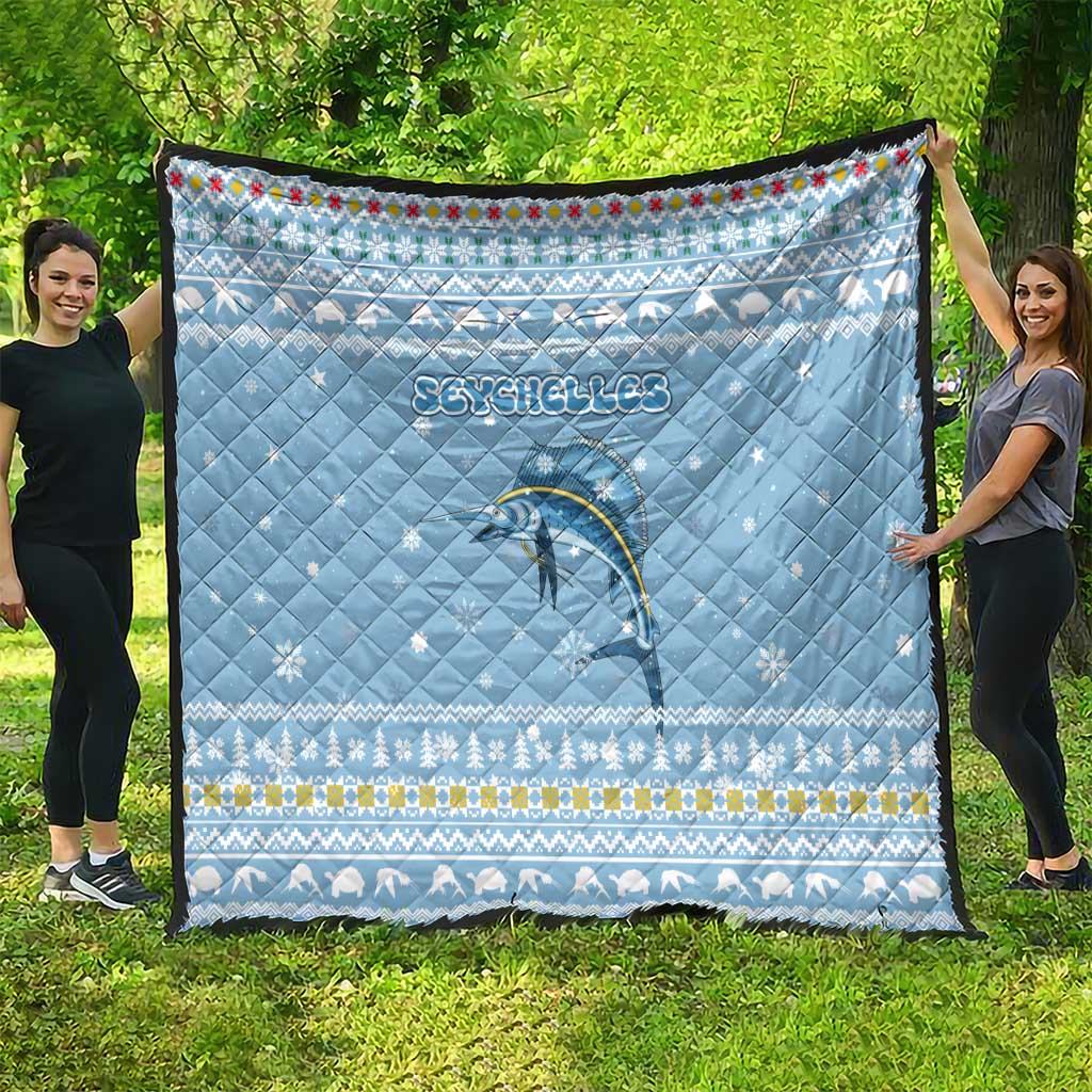 Seychelles Christmas Quilt with Ocean Blue Pattern, Marlin Fish Artwork, and Surfing Santa Motif - Wonder Print Shop