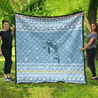 Seychelles Christmas Quilt with Ocean Blue Pattern, Marlin Fish Artwork, and Surfing Santa Motif - Wonder Print Shop