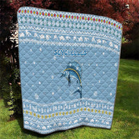 Seychelles Christmas Quilt with Ocean Blue Pattern, Marlin Fish Artwork, and Surfing Santa Motif - Wonder Print Shop