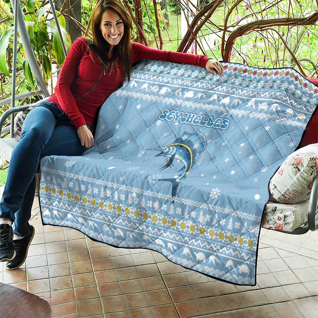 Seychelles Christmas Quilt with Ocean Blue Pattern, Marlin Fish Artwork, and Surfing Santa Motif - Wonder Print Shop