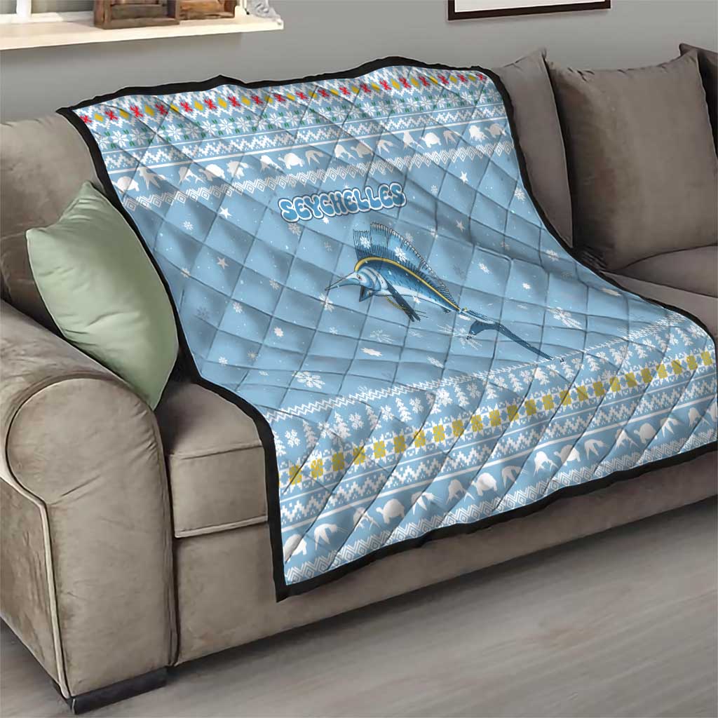 Seychelles Christmas Quilt with Ocean Blue Pattern, Marlin Fish Artwork, and Surfing Santa Motif - Wonder Print Shop