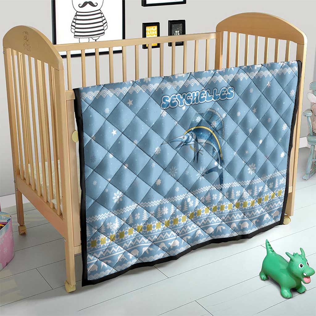 Seychelles Christmas Quilt with Ocean Blue Pattern, Marlin Fish Artwork, and Surfing Santa Motif - Wonder Print Shop