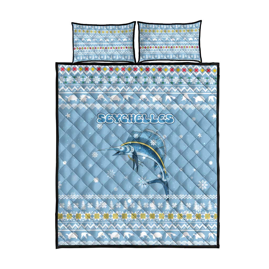Seychelles Christmas Quilt Bed Set with Ocean Blue Pattern, Marlin Fish Artwork, and Surfing Santa Motif - Wonder Print Shop
