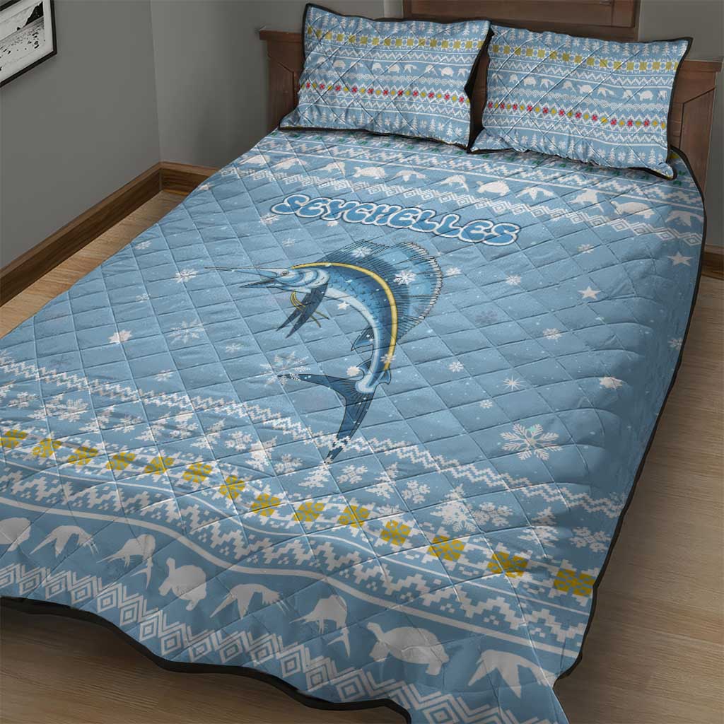 Seychelles Christmas Quilt Bed Set with Ocean Blue Pattern, Marlin Fish Artwork, and Surfing Santa Motif - Wonder Print Shop