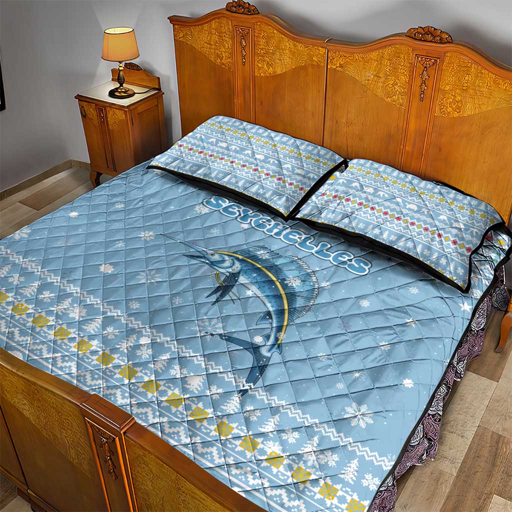 Seychelles Christmas Quilt Bed Set with Ocean Blue Pattern, Marlin Fish Artwork, and Surfing Santa Motif - Wonder Print Shop