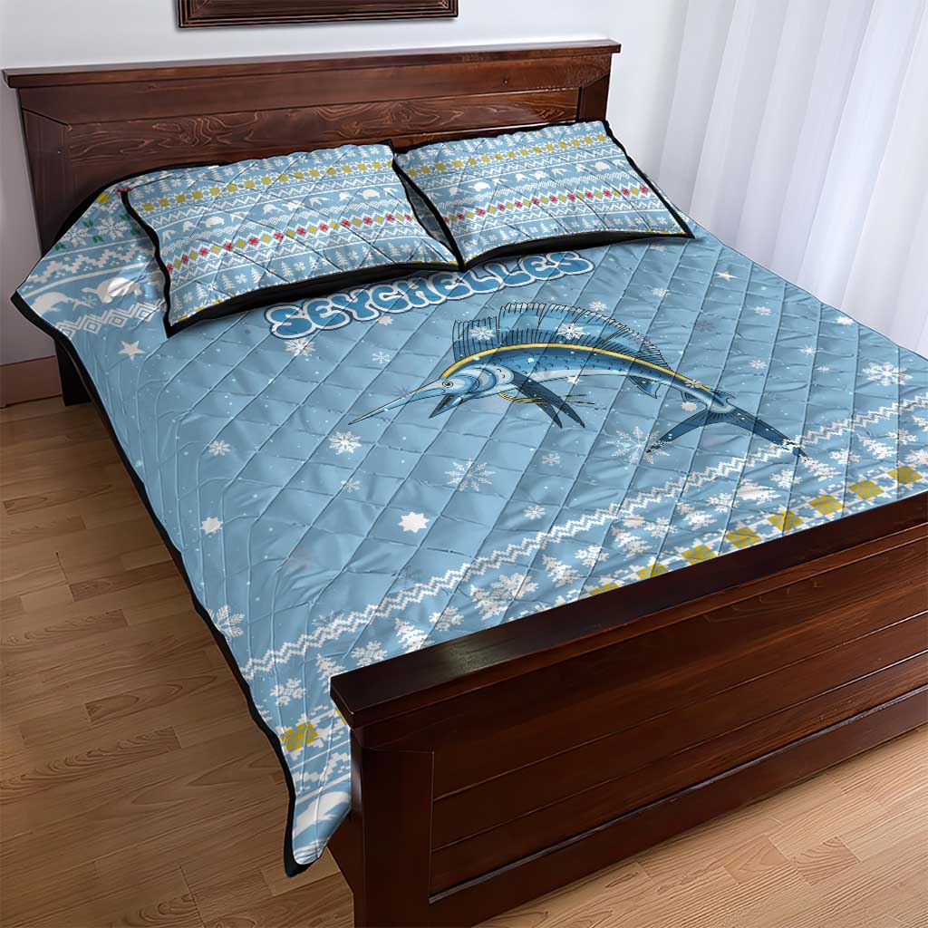 Seychelles Christmas Quilt Bed Set with Ocean Blue Pattern, Marlin Fish Artwork, and Surfing Santa Motif - Wonder Print Shop
