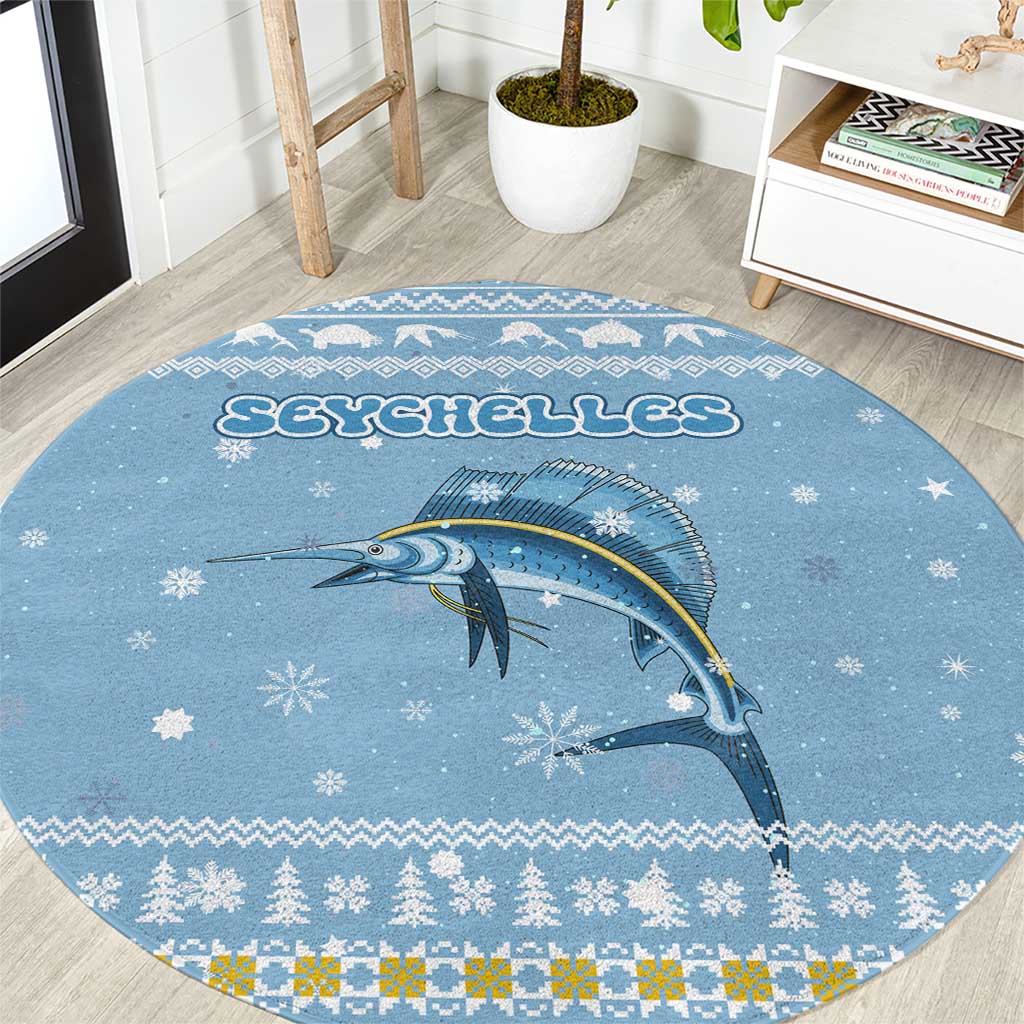 Seychelles Christmas Round Carpet with Ocean Blue Pattern, Marlin Fish Artwork, and Surfing Santa Motif - Wonder Print Shop