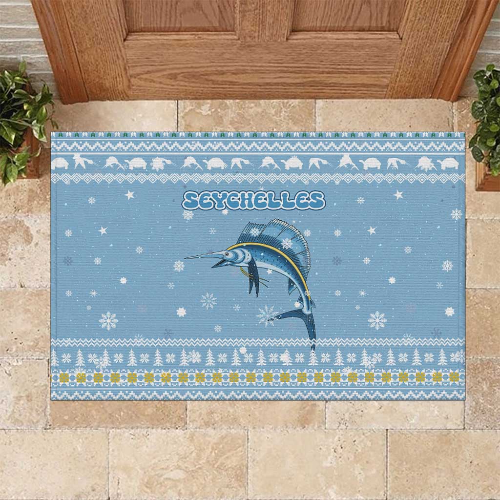 Seychelles Christmas Rubber Doormat with Ocean Blue Pattern, Marlin Fish Artwork, and Surfing Santa Motif - Wonder Print Shop