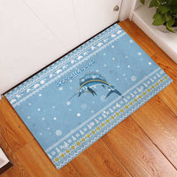 Seychelles Christmas Rubber Doormat with Ocean Blue Pattern, Marlin Fish Artwork, and Surfing Santa Motif - Wonder Print Shop