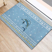 Seychelles Christmas Rubber Doormat with Ocean Blue Pattern, Marlin Fish Artwork, and Surfing Santa Motif - Wonder Print Shop
