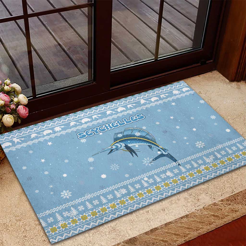 Seychelles Christmas Rubber Doormat with Ocean Blue Pattern, Marlin Fish Artwork, and Surfing Santa Motif - Wonder Print Shop