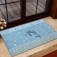 Seychelles Christmas Rubber Doormat with Ocean Blue Pattern, Marlin Fish Artwork, and Surfing Santa Motif - Wonder Print Shop