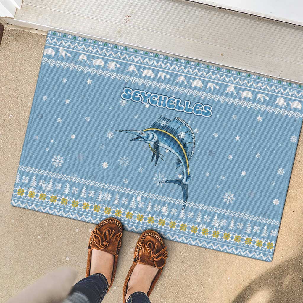 Seychelles Christmas Rubber Doormat with Ocean Blue Pattern, Marlin Fish Artwork, and Surfing Santa Motif - Wonder Print Shop