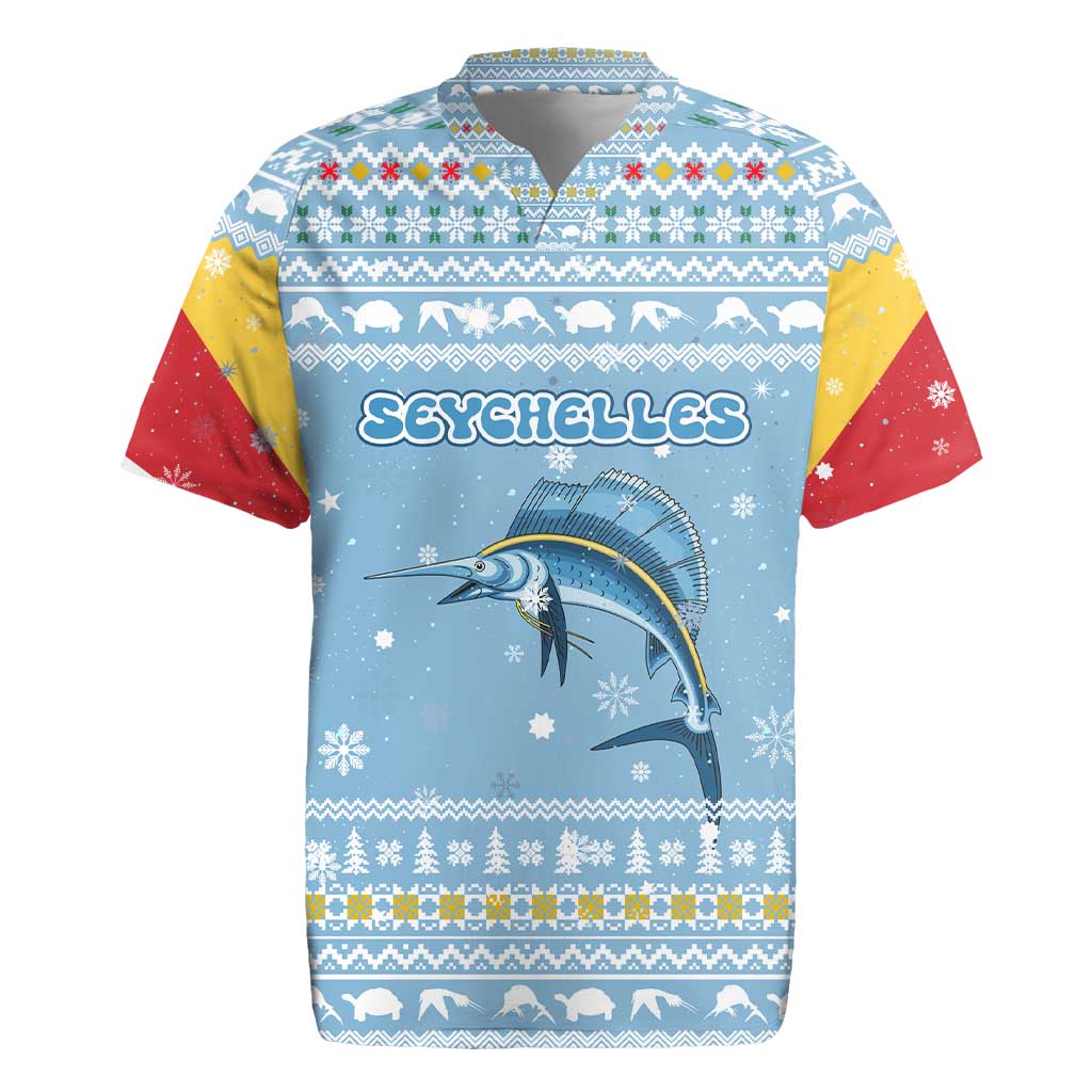 Seychelles Christmas Rugby Jersey with Ocean Blue Pattern, Marlin Fish Artwork, and Surfing Santa Motif - Wonder Print Shop