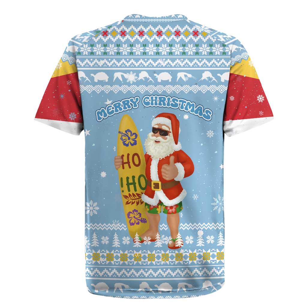 Seychelles Christmas Rugby Jersey with Ocean Blue Pattern, Marlin Fish Artwork, and Surfing Santa Motif - Wonder Print Shop