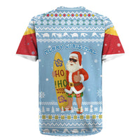 Seychelles Christmas Rugby Jersey with Ocean Blue Pattern, Marlin Fish Artwork, and Surfing Santa Motif - Wonder Print Shop