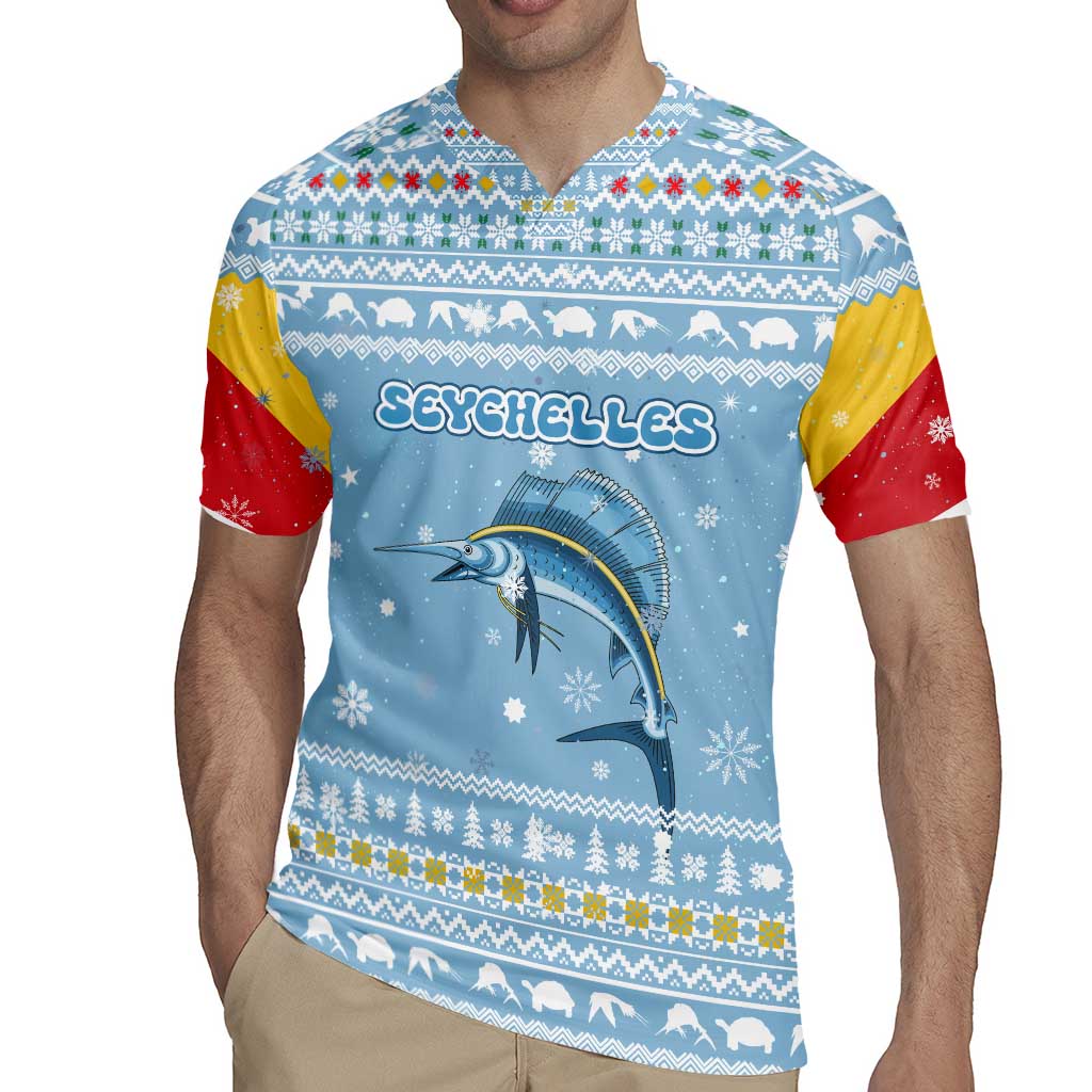 Seychelles Christmas Rugby Jersey with Ocean Blue Pattern, Marlin Fish Artwork, and Surfing Santa Motif - Wonder Print Shop