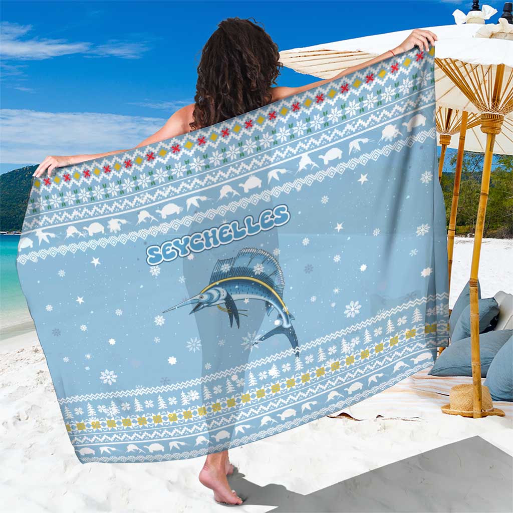 Seychelles Christmas Sarong with Ocean Blue Pattern, Marlin Fish Artwork, and Surfing Santa Motif - Wonder Print Shop