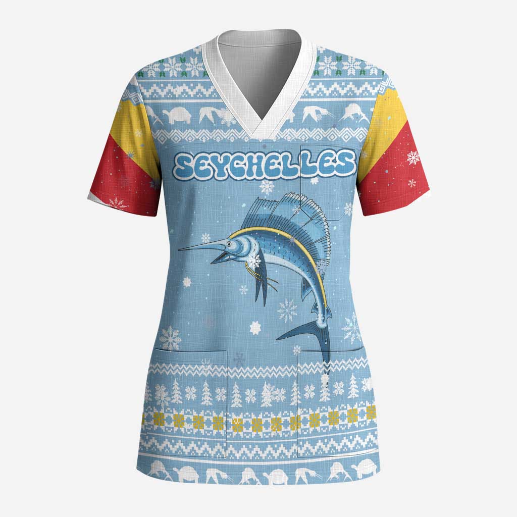 Seychelles Christmas Scrub Top with Ocean Blue Pattern, Marlin Fish Artwork, and Surfing Santa Motif - Wonder Print Shop