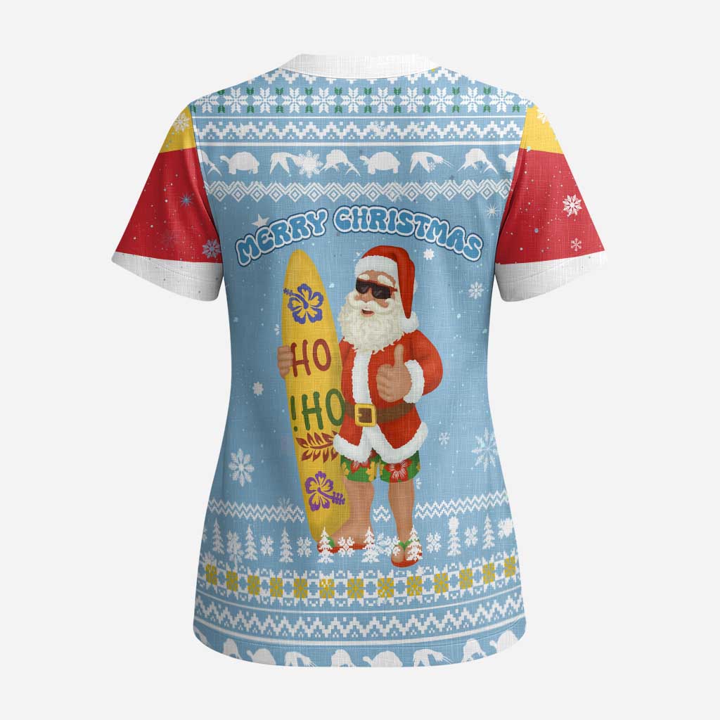 Seychelles Christmas Scrub Top with Ocean Blue Pattern, Marlin Fish Artwork, and Surfing Santa Motif - Wonder Print Shop