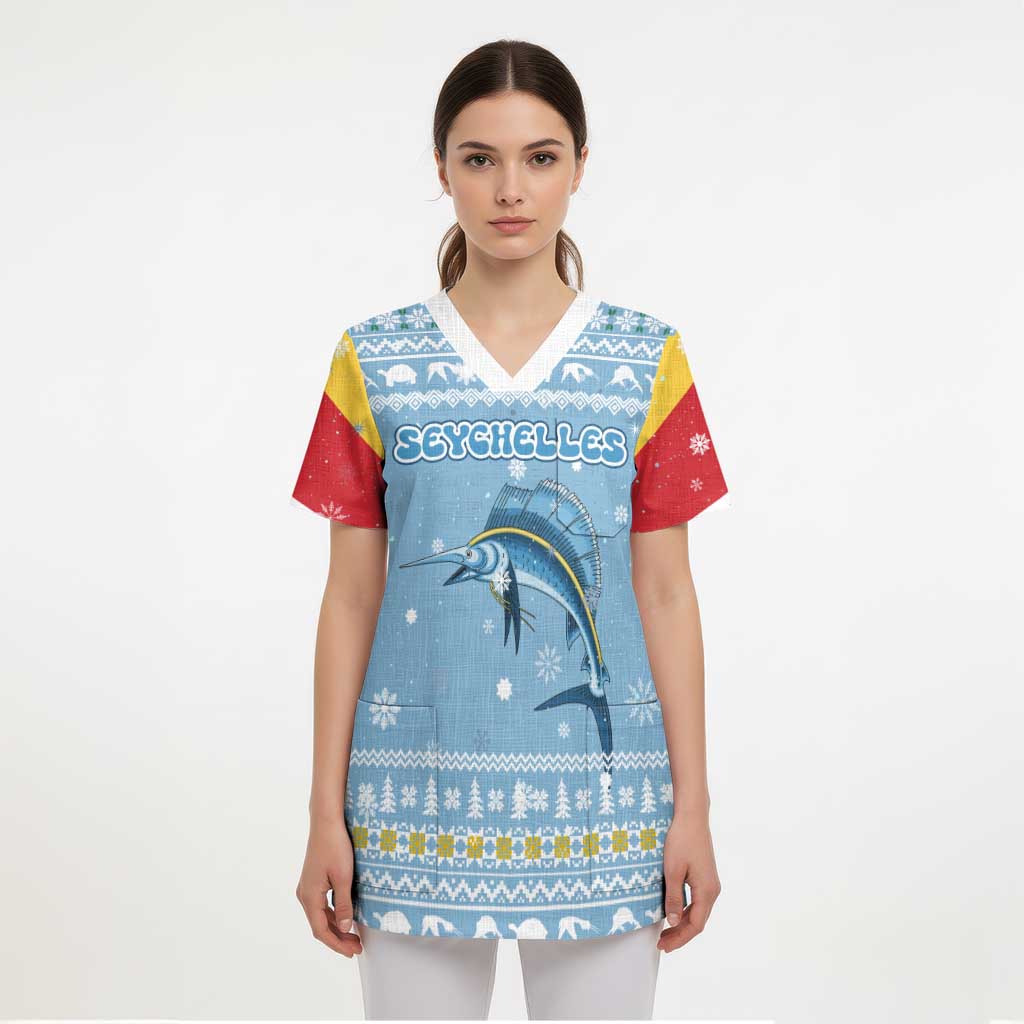 Seychelles Christmas Scrub Top with Ocean Blue Pattern, Marlin Fish Artwork, and Surfing Santa Motif - Wonder Print Shop