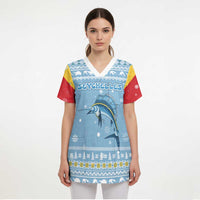 Seychelles Christmas Scrub Top with Ocean Blue Pattern, Marlin Fish Artwork, and Surfing Santa Motif - Wonder Print Shop