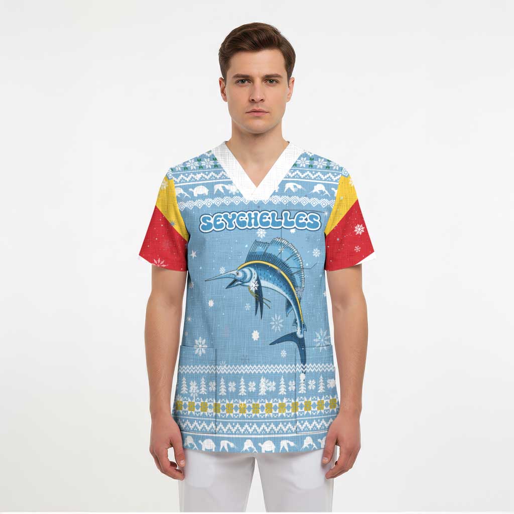 Seychelles Christmas Scrub Top with Ocean Blue Pattern, Marlin Fish Artwork, and Surfing Santa Motif - Wonder Print Shop