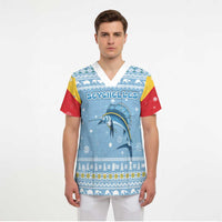 Seychelles Christmas Scrub Top with Ocean Blue Pattern, Marlin Fish Artwork, and Surfing Santa Motif - Wonder Print Shop