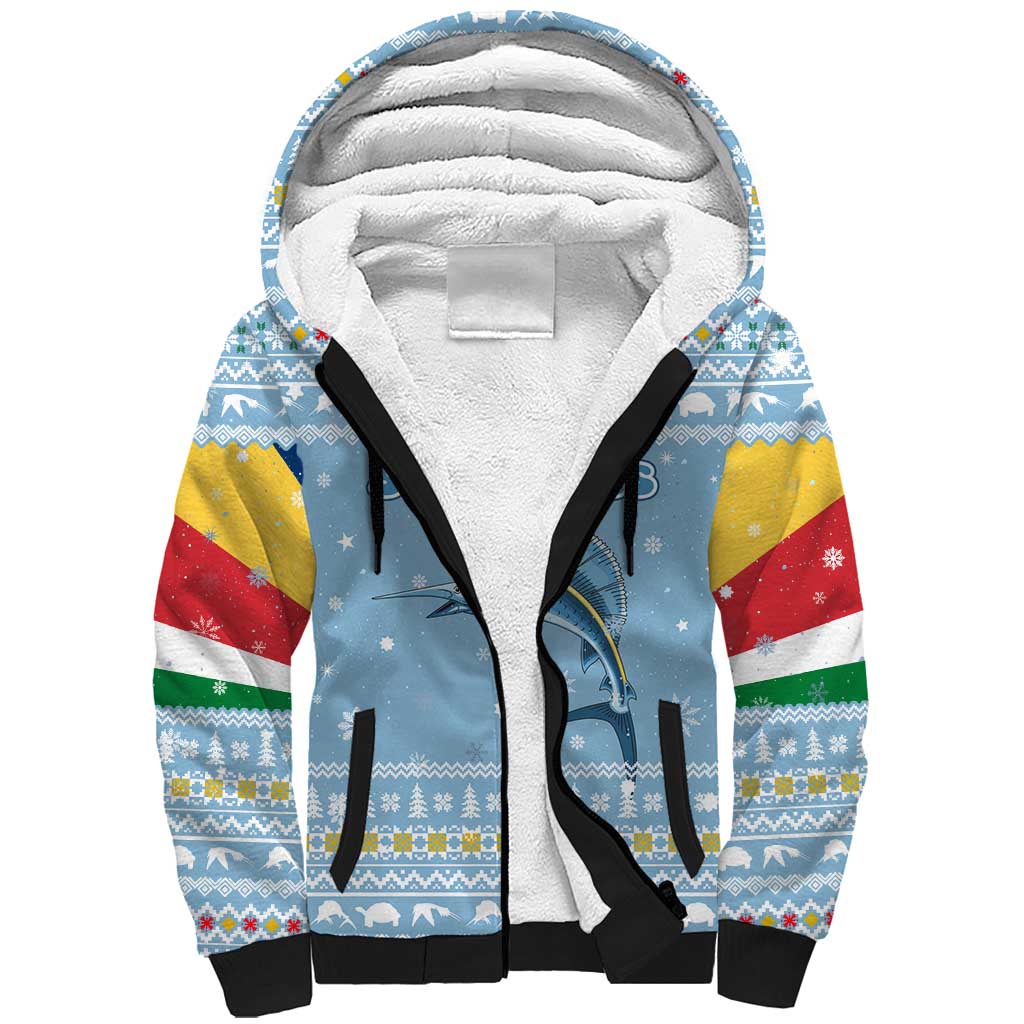 Seychelles Christmas Sherpa Hoodie with Ocean Blue Pattern, Marlin Fish Artwork, and Surfing Santa Motif - Wonder Print Shop