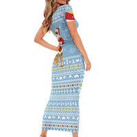 Seychelles Christmas Short Sleeve Bodycon Dress with Ocean Blue Pattern, Marlin Fish Artwork, and Surfing Santa Motif - Wonder Print Shop