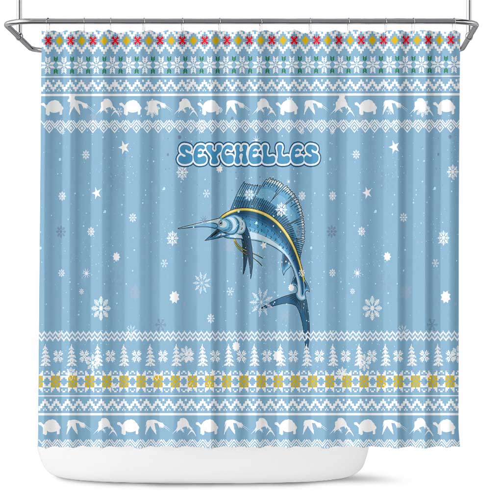 Seychelles Christmas Shower Curtain with Ocean Blue Pattern, Marlin Fish Artwork, and Surfing Santa Motif - Wonder Print Shop
