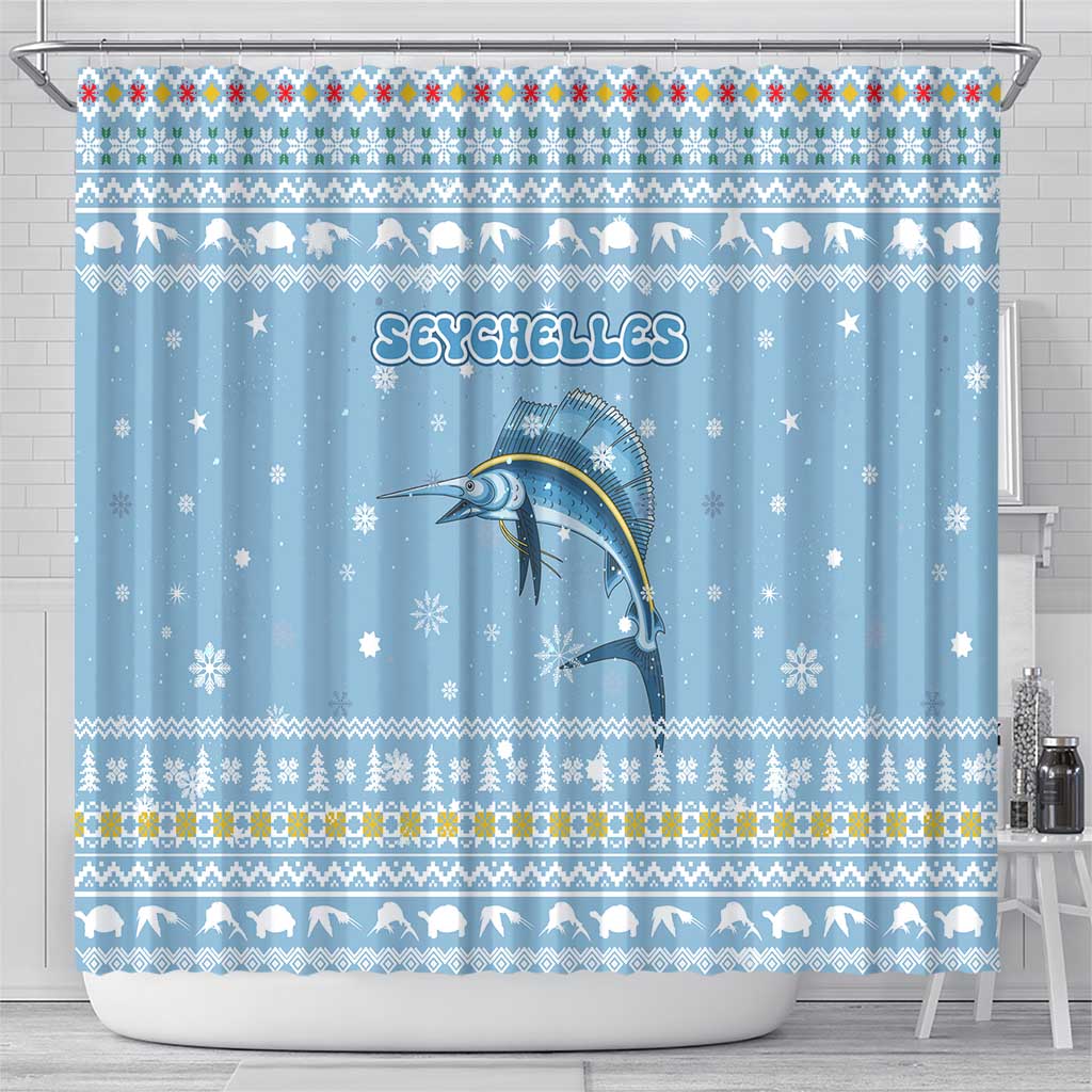 Seychelles Christmas Shower Curtain with Ocean Blue Pattern, Marlin Fish Artwork, and Surfing Santa Motif - Wonder Print Shop