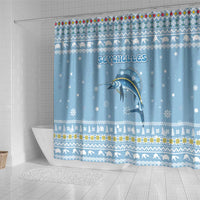 Seychelles Christmas Shower Curtain with Ocean Blue Pattern, Marlin Fish Artwork, and Surfing Santa Motif - Wonder Print Shop