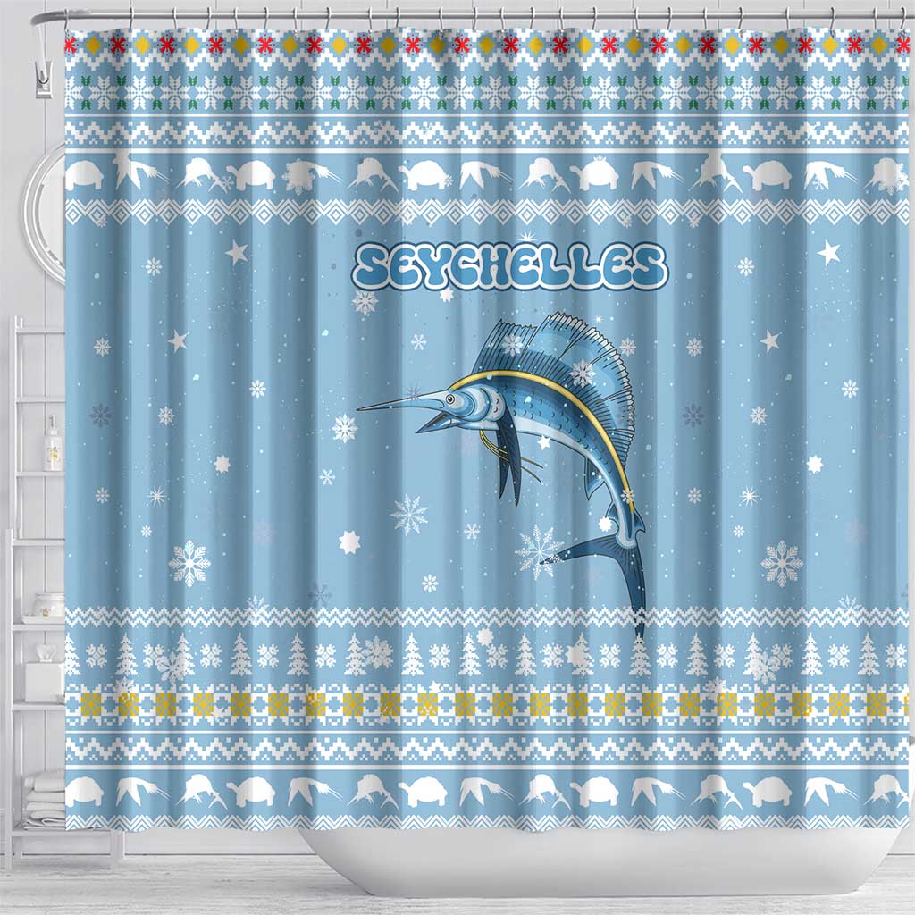 Seychelles Christmas Shower Curtain with Ocean Blue Pattern, Marlin Fish Artwork, and Surfing Santa Motif - Wonder Print Shop