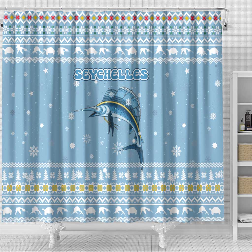 Seychelles Christmas Shower Curtain with Ocean Blue Pattern, Marlin Fish Artwork, and Surfing Santa Motif - Wonder Print Shop